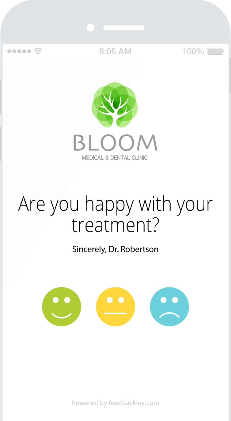A phone showing Bloom Medical & Dental Clinic asking “Are you happy with your treatment?” above three faces to tap